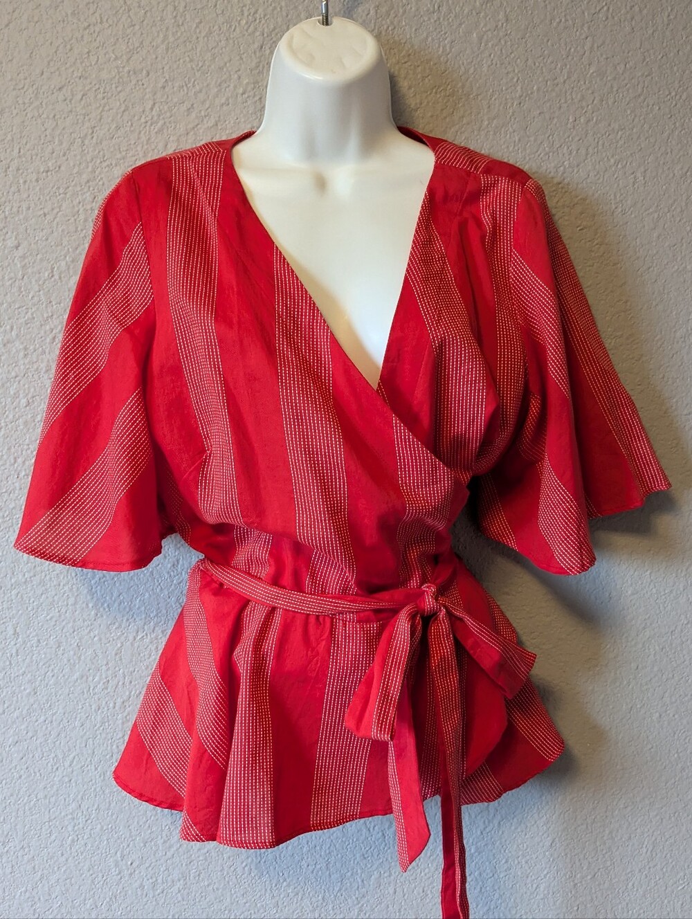 Loft Red Wrap Cotton Blouse with Tie Waist Short Flutter Sleeves Sz. L
